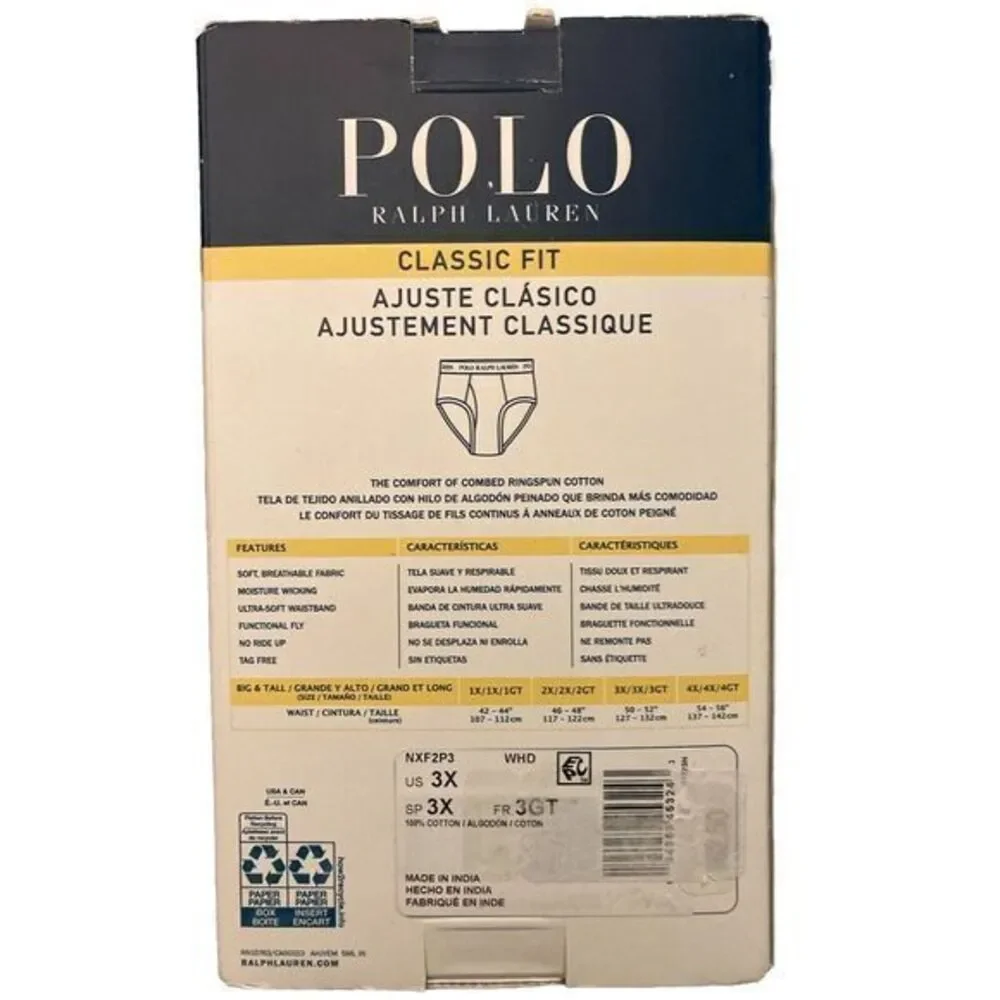 POLO RALPH LAUREN 3 Pack Cotton Briefs Big&Tall 3X Waistband‎ Logo White NIB